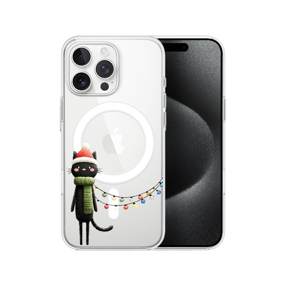 Etui do iPhone 15 Pro z MagSafe, Przytulne święta, Kot przebrany za elfa, przeźroczyste
