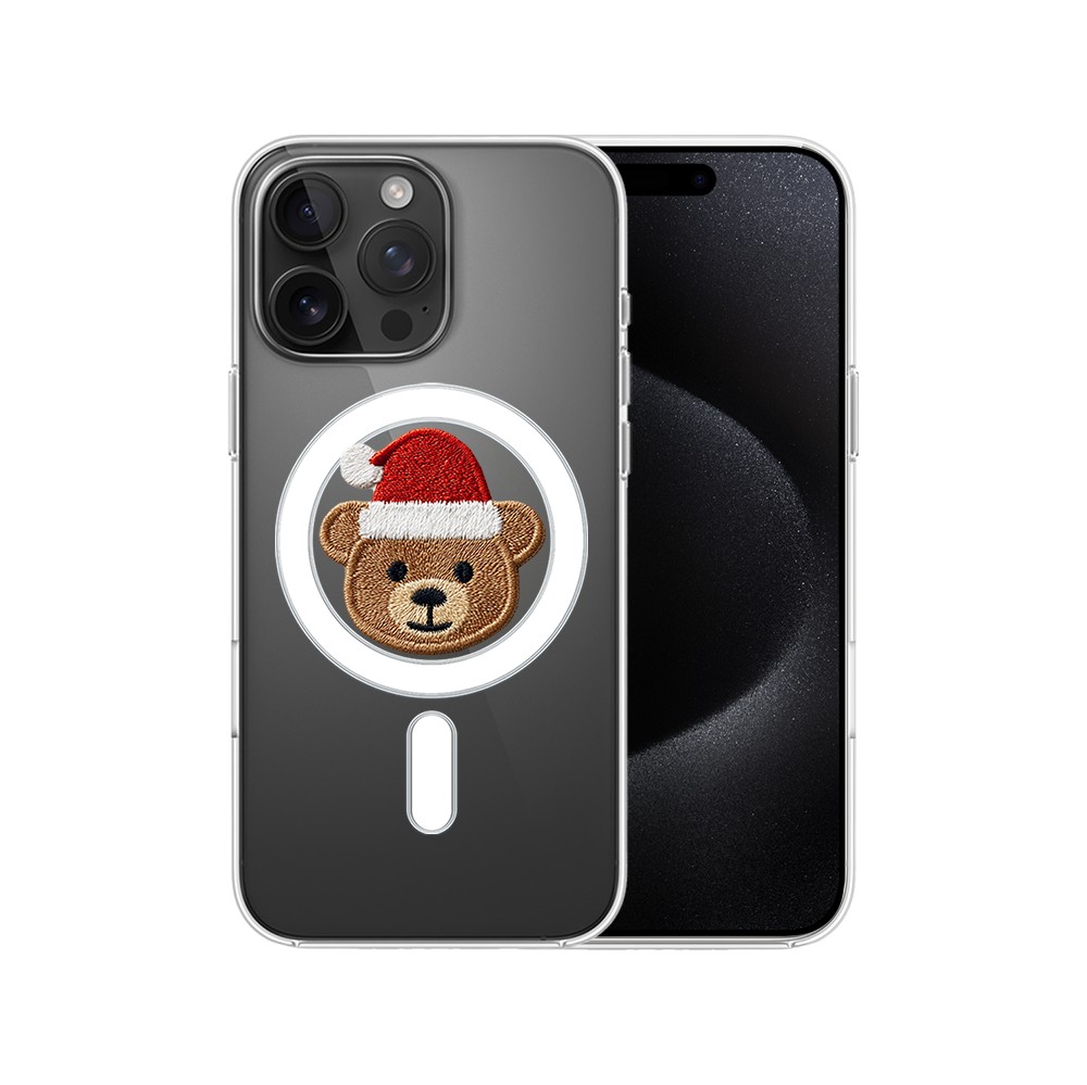 Etui do iPhone 15 Pro z MagSafe, Przytulne święta, Miś Mikołajek, przeźroczyste