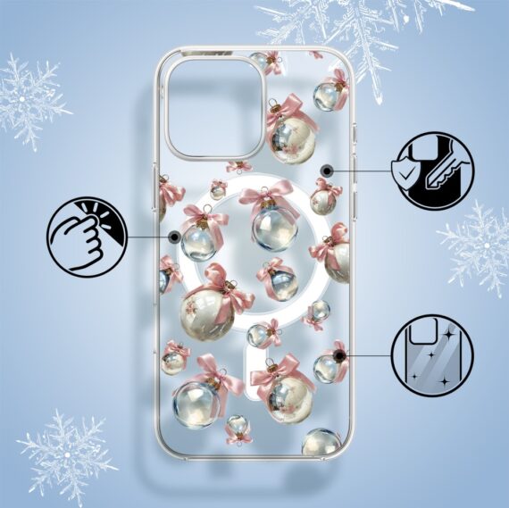 Etui do iPhone 15 Pro Max z MagSafe, Przytulne święta, Pastelowe bombki, przeźroczyste1