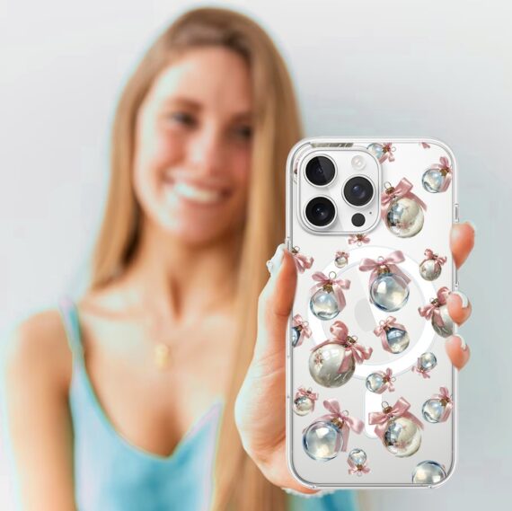 Etui do iPhone 15 Pro Max z MagSafe, Przytulne święta, Pastelowe bombki, przeźroczyste4