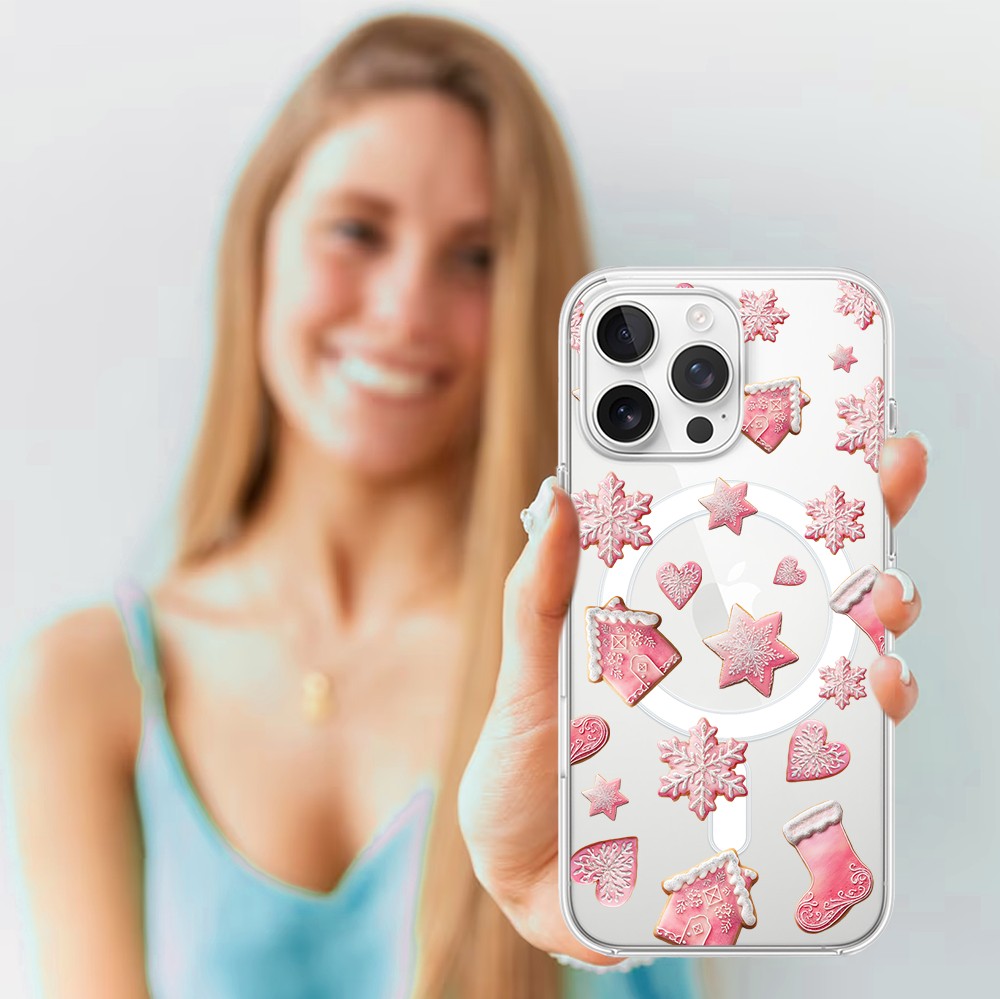 Etui do iPhone 15 Pro Max z MagSafe, Przytulne święta, Różowe pierniczki, przeźroczyste4