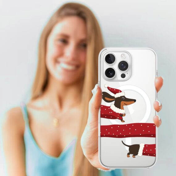 Etui do iPhone 15 Pro Max z MagSafe, Przytulne święta, Świąteczny jamnik, przeźroczyste4