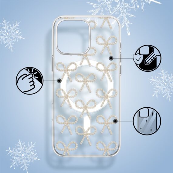Etui do iPhone 15 Pro Max z MagSafe, Przytulne święta, Złote kokardki, przeźroczyste1