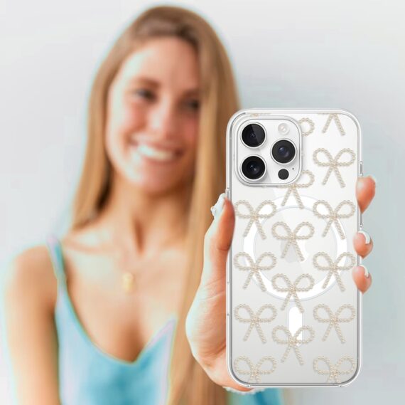 Etui do iPhone 15 Pro Max z MagSafe, Przytulne święta, Złote kokardki, przeźroczyste4