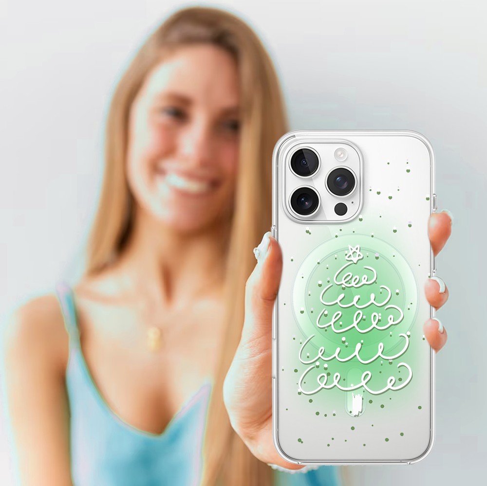 Etui do iPhone 15 Pro Max z MagSafe, malowana choinka na zielonym świetle, przeźroczyste 15 pro-4