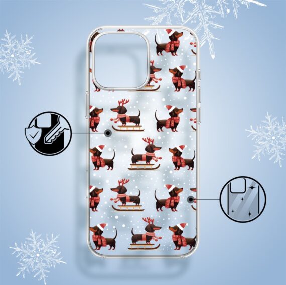 Etui do iPhone 15 Pro, Przytulne święta, Jamniki na saniach, przeźroczyste1