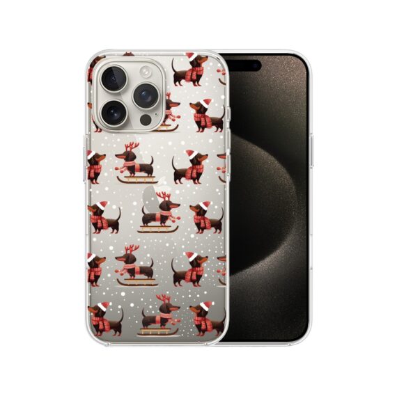 Etui do iPhone 15 Pro, Przytulne święta, Jamniki na saniach, przeźroczyste7