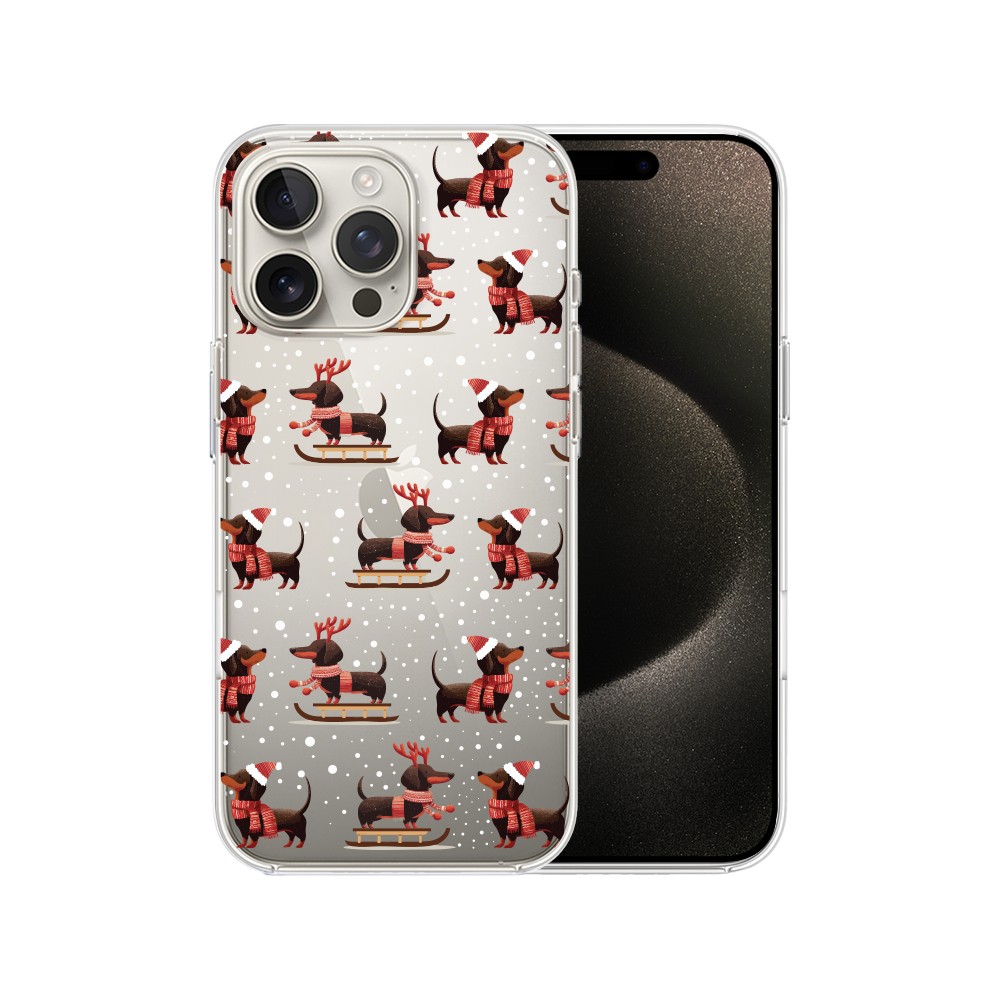 Etui do iPhone 15 Pro Max, Przytulne święta, Jamniki na saniach, przeźroczyste