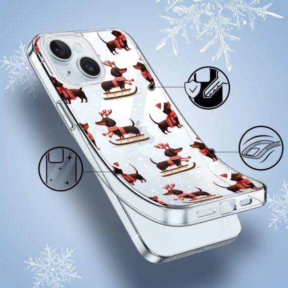 Etui do iPhone 15, Przytulne święta, Jamniki na saniach, przeźroczyste1