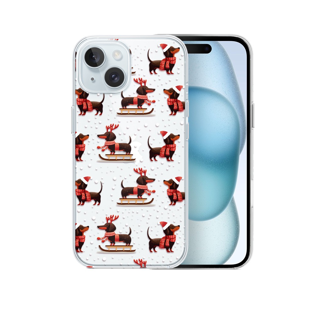 Etui do iPhone 15 Plus, Przytulne święta, Jamniki na saniach, przeźroczyste