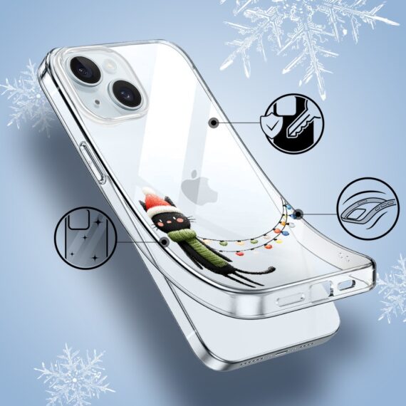 Etui do iPhone 15, Przytulne święta, Kot przebrany za elfa, przeźroczyste1