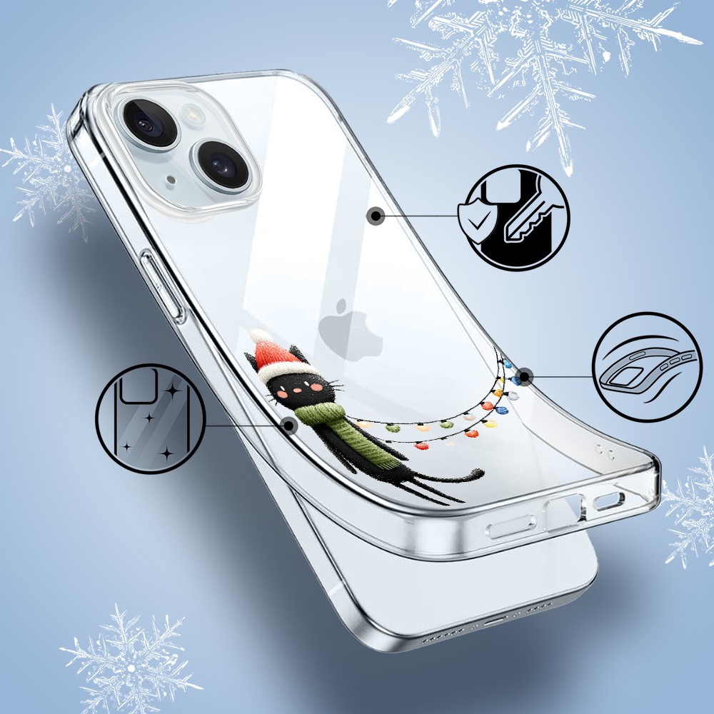 Etui do iPhone 15, Przytulne święta, Kot przebrany za elfa, przeźroczyste1