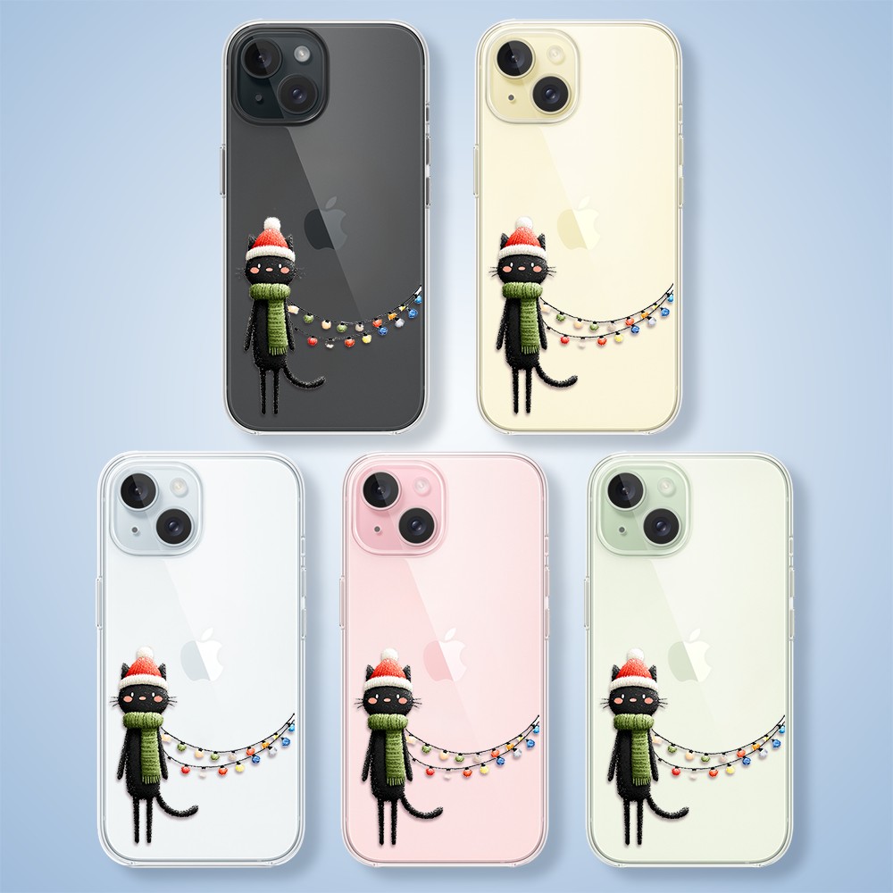 Etui do iPhone 15, Przytulne święta, Kot przebrany za elfa, przeźroczyste2