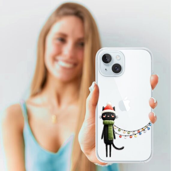 Etui do iPhone 15, Przytulne święta, Kot przebrany za elfa, przeźroczyste3