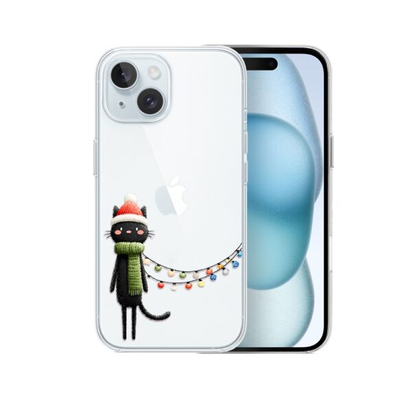 Etui do iPhone 15 Plus, Przytulne święta, Kot przebrany za elfa, przeźroczyste