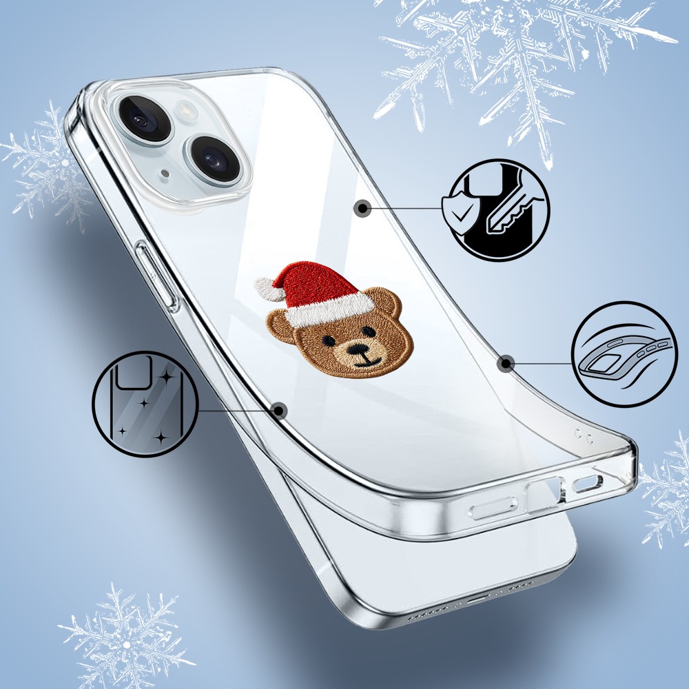 Etui do iPhone 15, Przytulne święta, Miś Mikołajek, przeźroczyste1