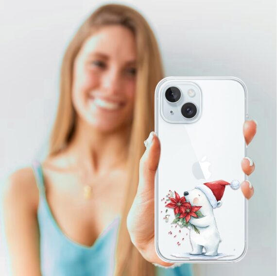 Etui do iPhone 15, Przytulne święta, Miś świąteczny, przeźroczyste3