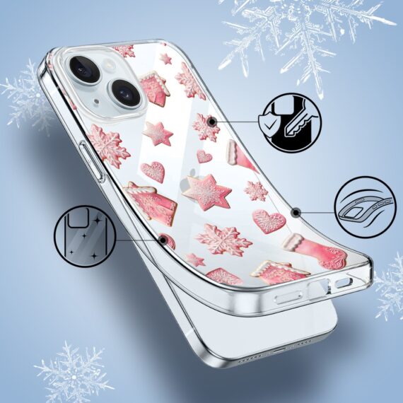 Etui do iPhone 15, Przytulne święta, Różowe pierniczki, przeźroczyste1