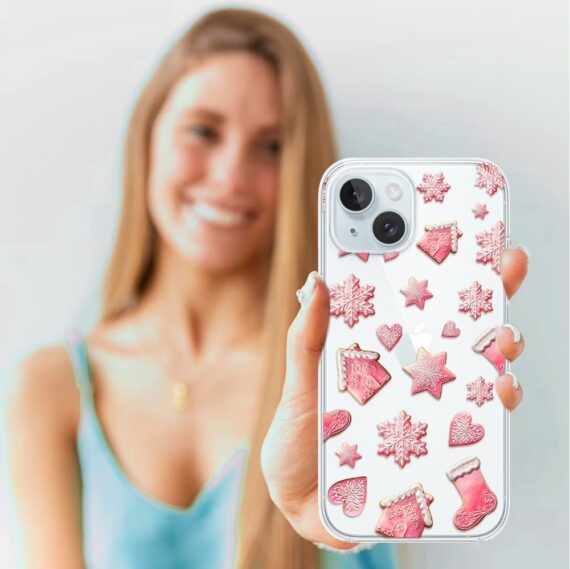 Etui do iPhone 15, Przytulne święta, Różowe pierniczki, przeźroczyste3