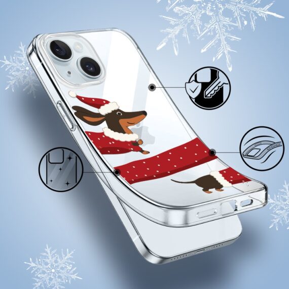 Etui do iPhone 15, Przytulne święta, Świąteczny jamnik, przeźroczyste1