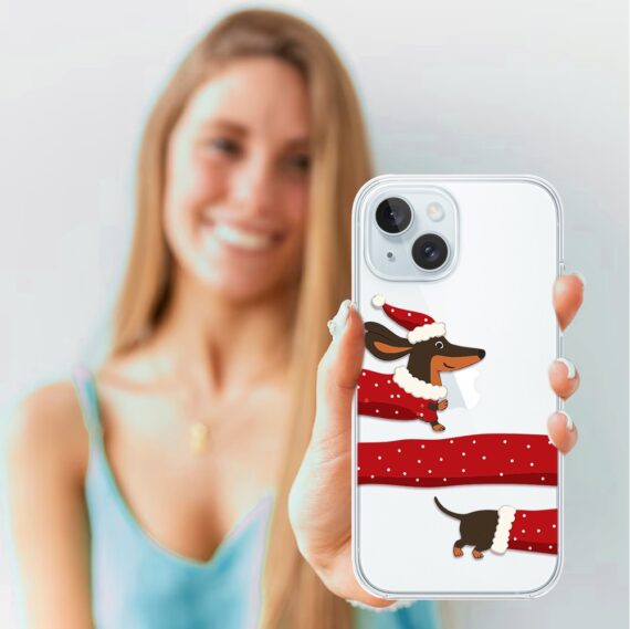 Etui do iPhone 15, Przytulne święta, Świąteczny jamnik, przeźroczyste3