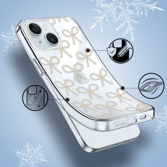 Etui do iPhone 15, Przytulne święta, Złote kokardki, przeźroczyste1