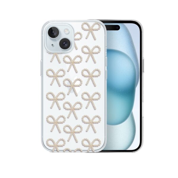 Etui do iPhone 15 Plus, Przytulne święta, Złote kokardki, przeźroczyste