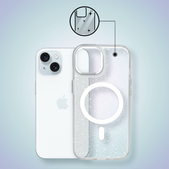 Etui do iPhone 15 Super Hybrid Sparkle z MagSafe, błyszczący, twardy brokatowy tył, metalowe ozdoby, przeźroczyste (5)