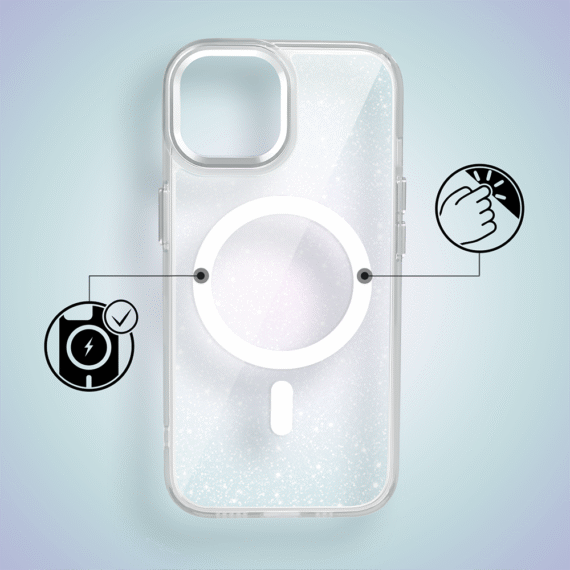 Etui do iPhone 15 Super Hybrid Sparkle z MagSafe, błyszczący, twardy brokatowy tył, metalowe ozdoby, przeźroczyste (7)