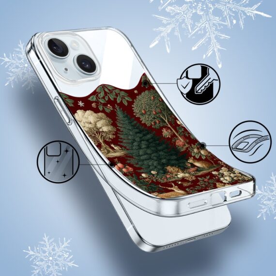 Etui do iPhone 15, Zimowa Magia, Świąteczny las, przeźroczyste1
