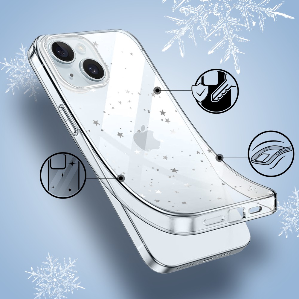 Etui do iPhone 15, Zimowa Magia, Szampańskie gwiazdki, przeźroczyste1
