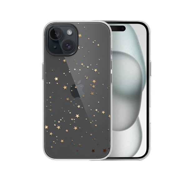 Etui do iPhone 15, złote gwiazdki, przeźroczyste
