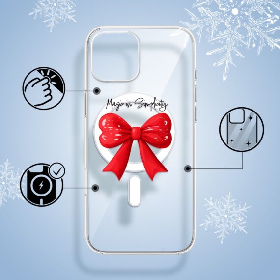 Etui do iPhone 15 z MagSafe, Przytulne święta, Czerwona kokarda, przeźroczyste1