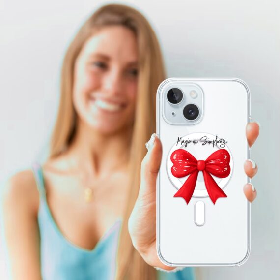 Etui do iPhone 15 z MagSafe, Przytulne święta, Czerwona kokarda, przeźroczyste2