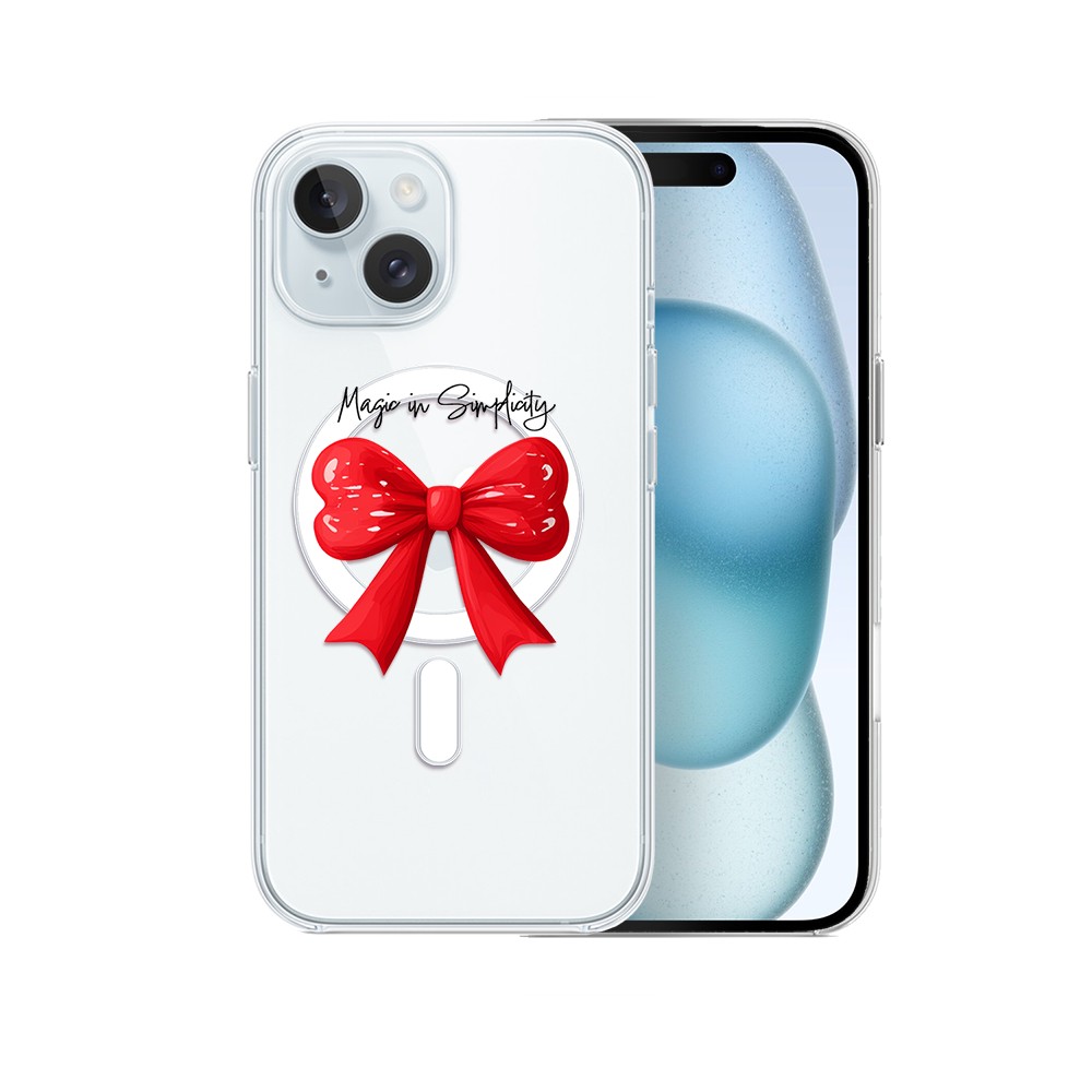 Etui do iPhone 15 z MagSafe, Przytulne święta, Czerwona kokarda, przeźroczyste