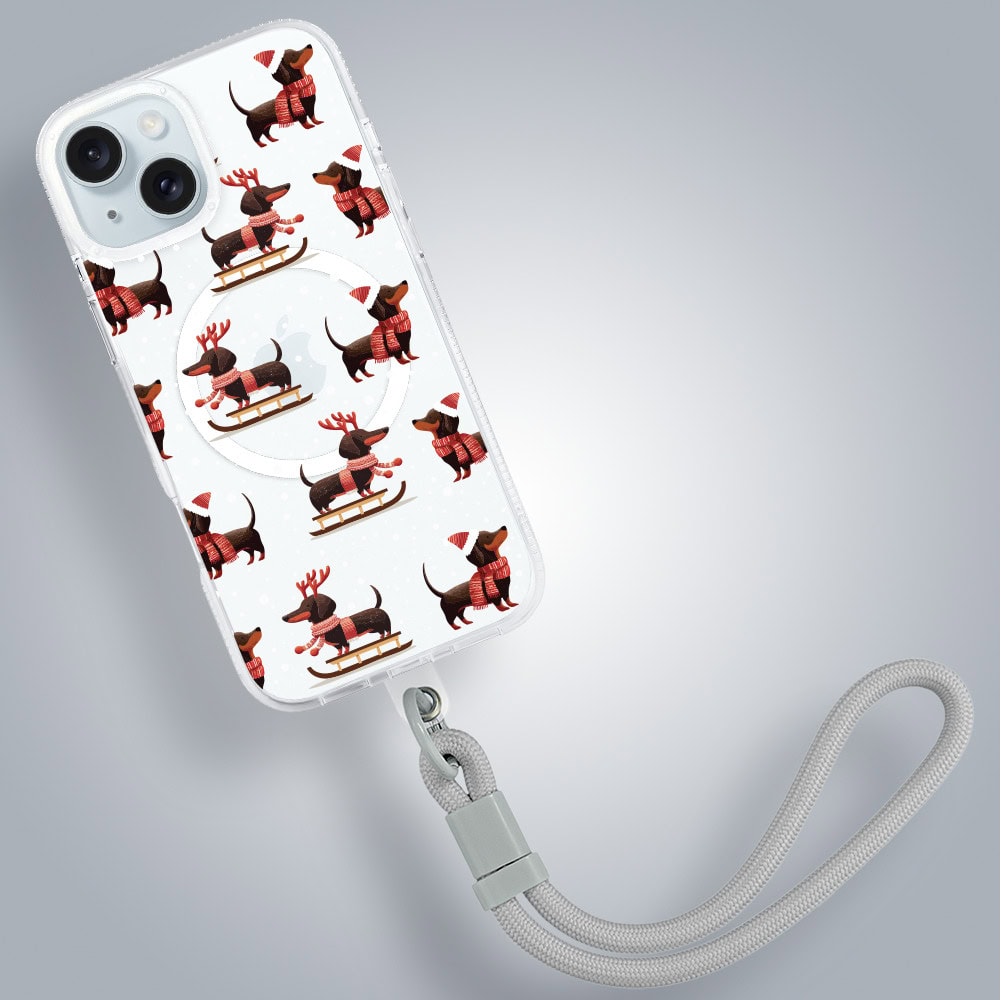 Etui do iPhone 15 z MagSafe, Przytulne święta, Jamniki na saniach, przeźroczyste (4)