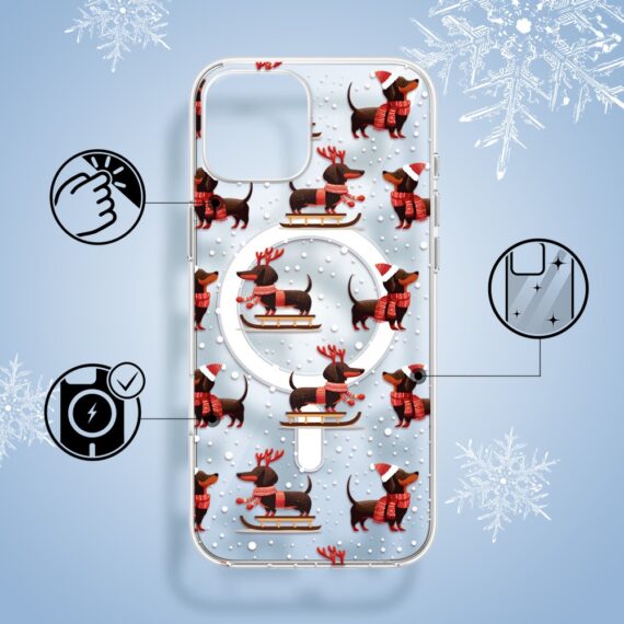 Etui do iPhone 15 z MagSafe, Przytulne święta, Jamniki na saniach, przeźroczyste1