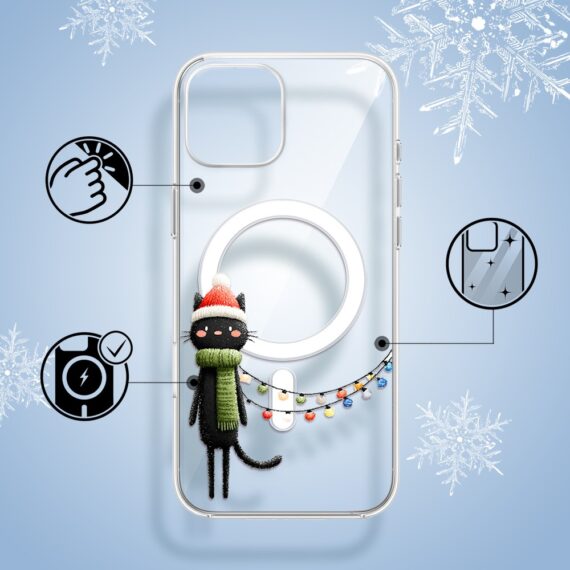 Etui do iPhone 15 z MagSafe, Przytulne święta, Kot przebrany za elfa, przeźroczyste1