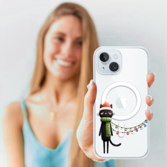 Etui do iPhone 15 z MagSafe, Przytulne święta, Kot przebrany za elfa, przeźroczyste3