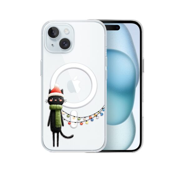 Etui do iPhone 15 z MagSafe, Przytulne święta, Kot przebrany za elfa, przeźroczyste5