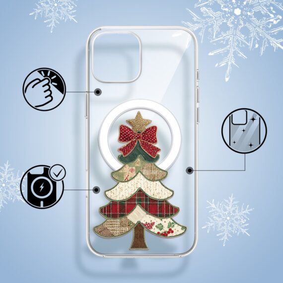 Etui do iPhone 15 z MagSafe, Przytulne święta, Kraciasta choinka, przeźroczyste1