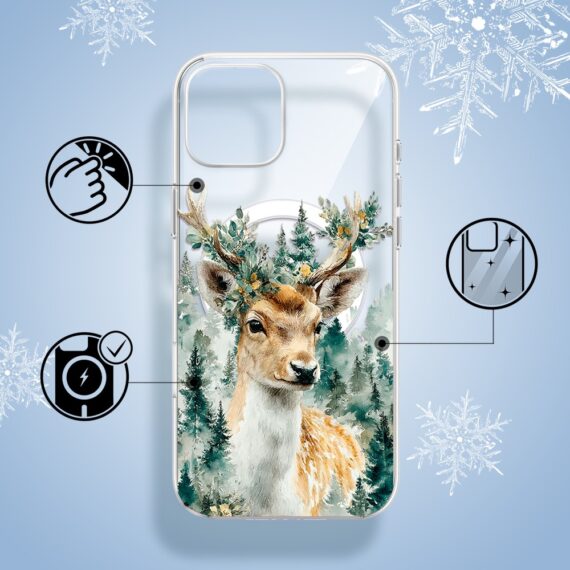 Etui do iPhone 15 z MagSafe, Przytulne święta, Leśny Jelonek, przeźroczyste1