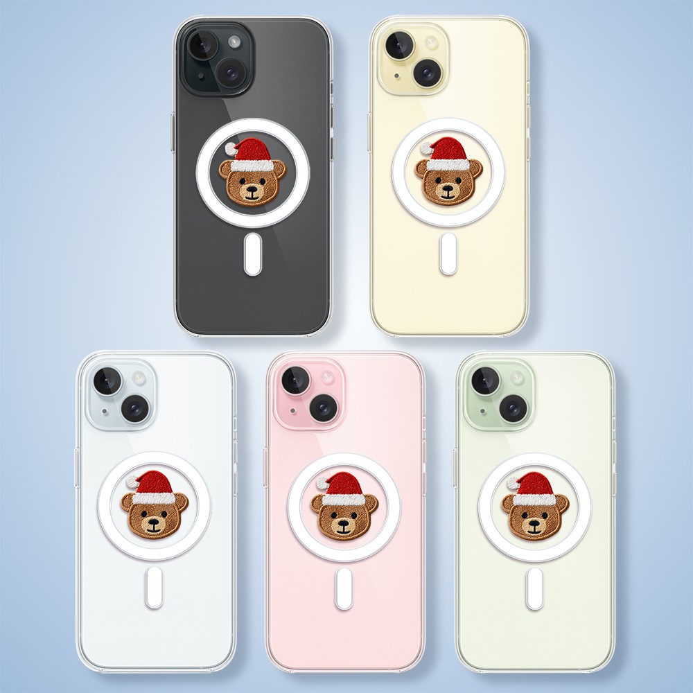 Etui do iPhone 15 z MagSafe, Przytulne święta, Miś Mikołajek, przeźroczyste2