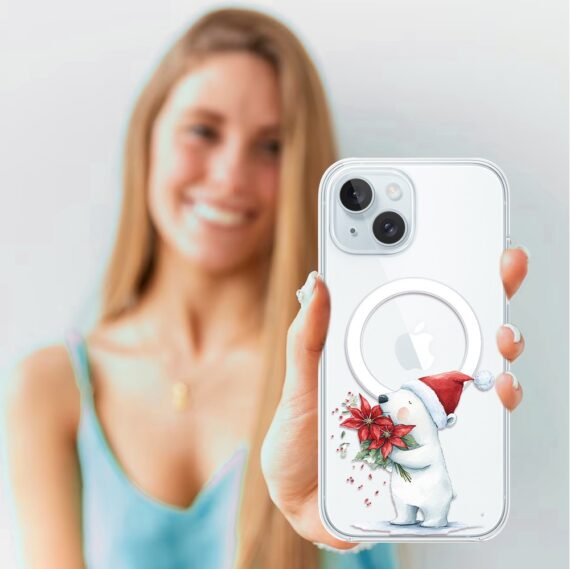 Etui do iPhone 15 z MagSafe, Przytulne święta, Miś świąteczny, przeźroczyste3