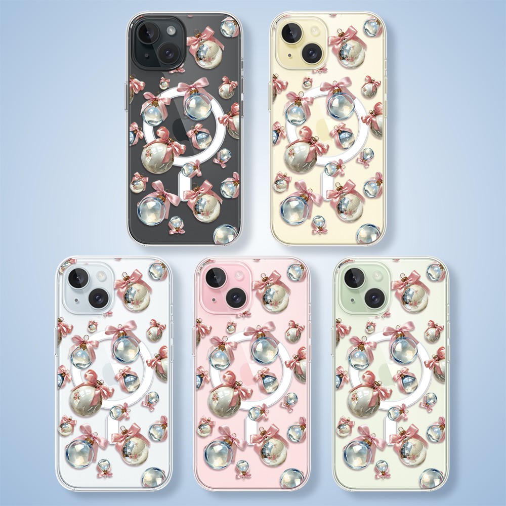 Etui do iPhone 15 z MagSafe, Przytulne święta, Pastelowe bombki, przeźroczyste2