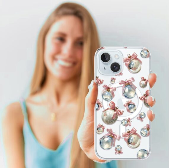 Etui do iPhone 15 z MagSafe, Przytulne święta, Pastelowe bombki, przeźroczyste3