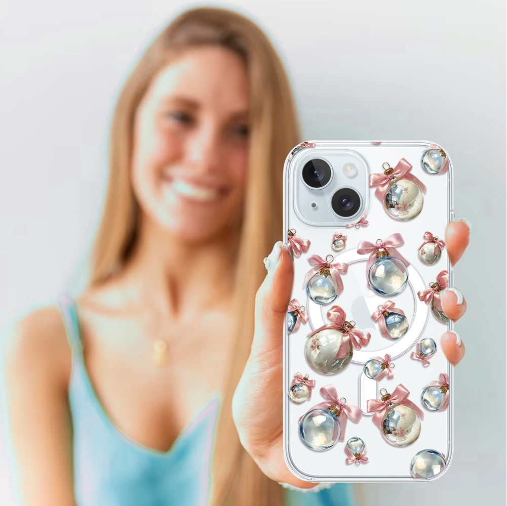 Etui do iPhone 15 z MagSafe, Przytulne święta, Pastelowe bombki, przeźroczyste3