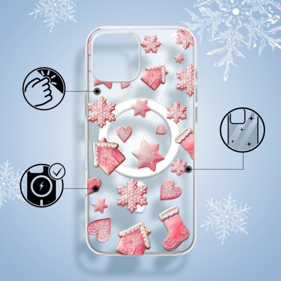 Etui do iPhone 15 z MagSafe, Przytulne święta, Różowe pierniczki, przeźroczyste1