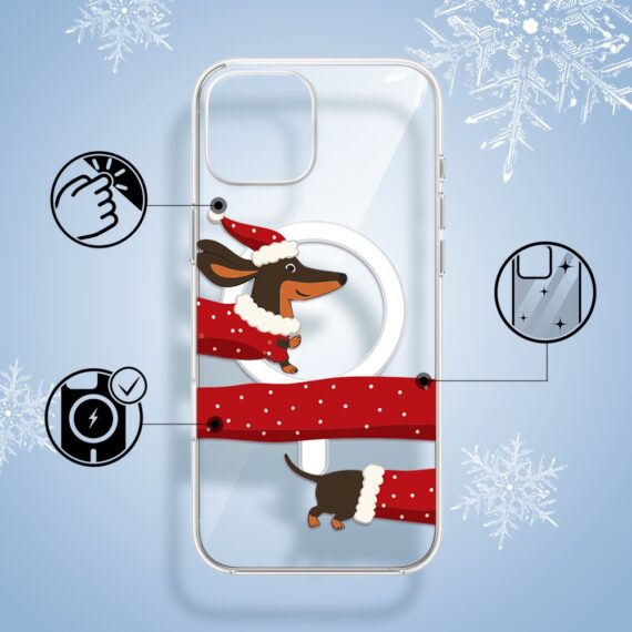 Etui do iPhone 15 z MagSafe, Przytulne święta, Świąteczny jamnik, przeźroczyste1