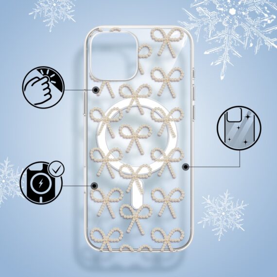 Etui do iPhone 15 z MagSafe, Przytulne święta, Złote kokardki, przeźroczyste1